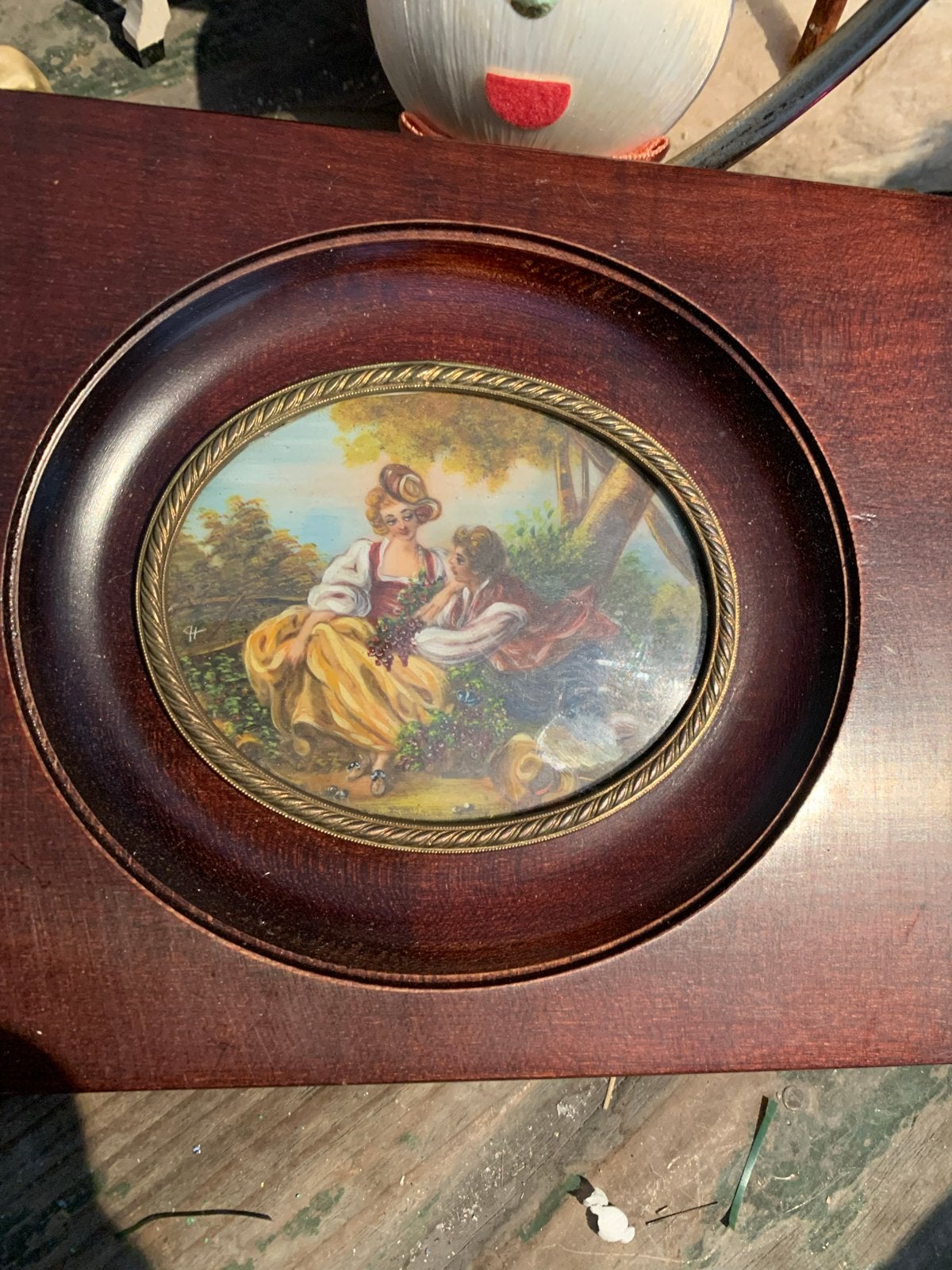 Oud Romantisch Kader met Schilderij van Geliefden, Paneel, Portret of Personen, Ophalen of Verzenden, Olieverf