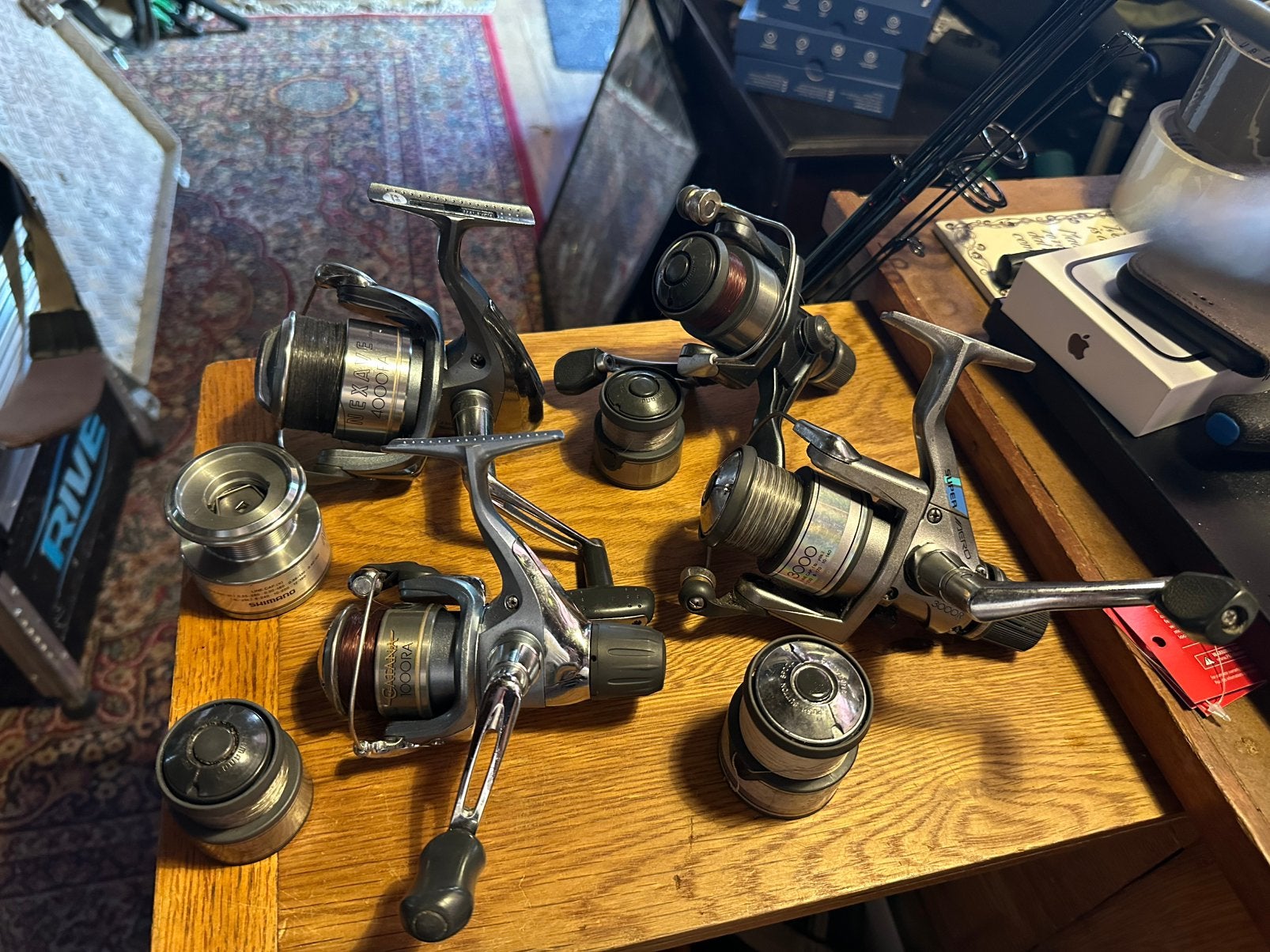4 mooie degelijke Shimano molentjes met reserve spoel., Watersport en Boten, Hengelsport | Algemeen, Zo goed als nieuw, Molen