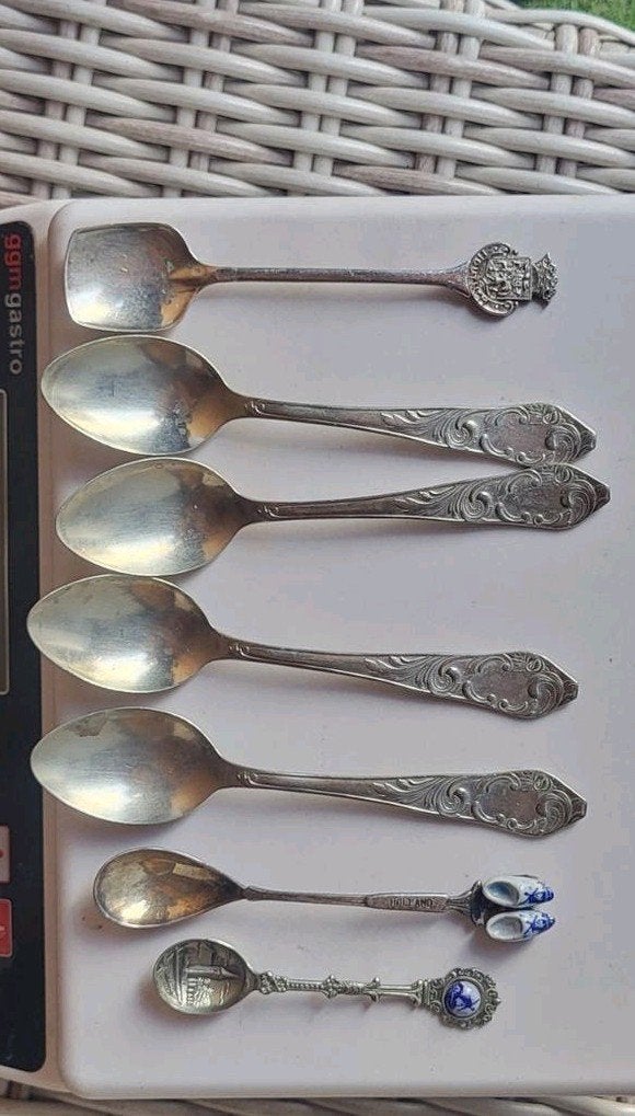 Set van 7 antieke zilveren of verzelverd lepels, diverse ont, Ophalen of Verzenden