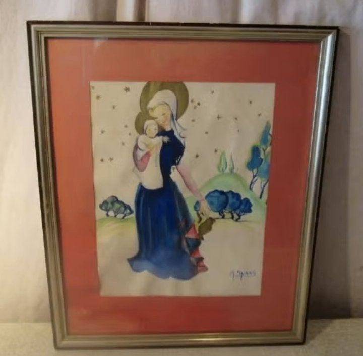 Mooi Oud Geschilderd Aquarel 'Moeder en Kind' - Spaas, Ophalen of Verzenden, Gesigneerd, Aquarel, Portret of Personen