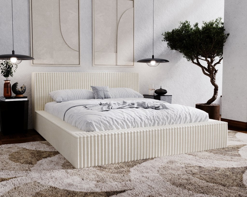 ACTIE Opbergbed 180 x 200 - Ribstof Creme | Zonder Matras, Verzenden, 180 cm, Nieuw, Tweepersoons