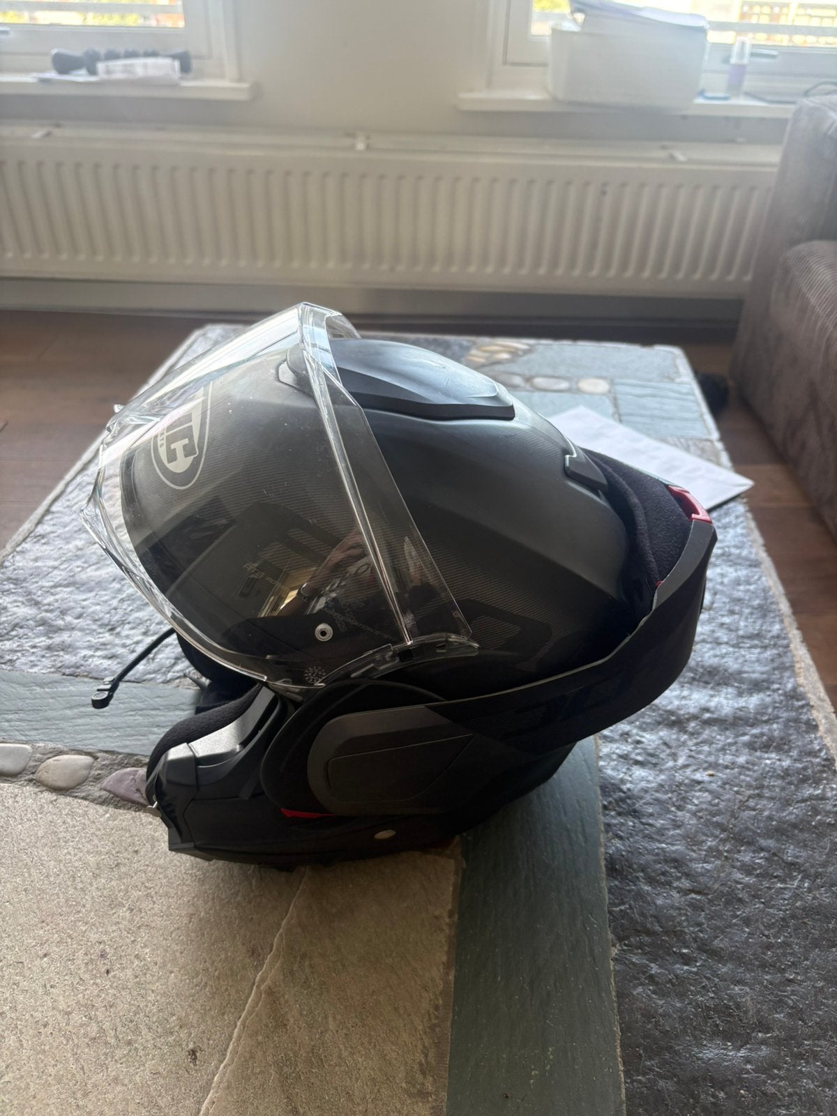 HJC F100 flip-up helm met Cardo Geluids/Communicatie systeem, Motoren, Systeemhelm, HJC, Ophalen of Verzenden, L