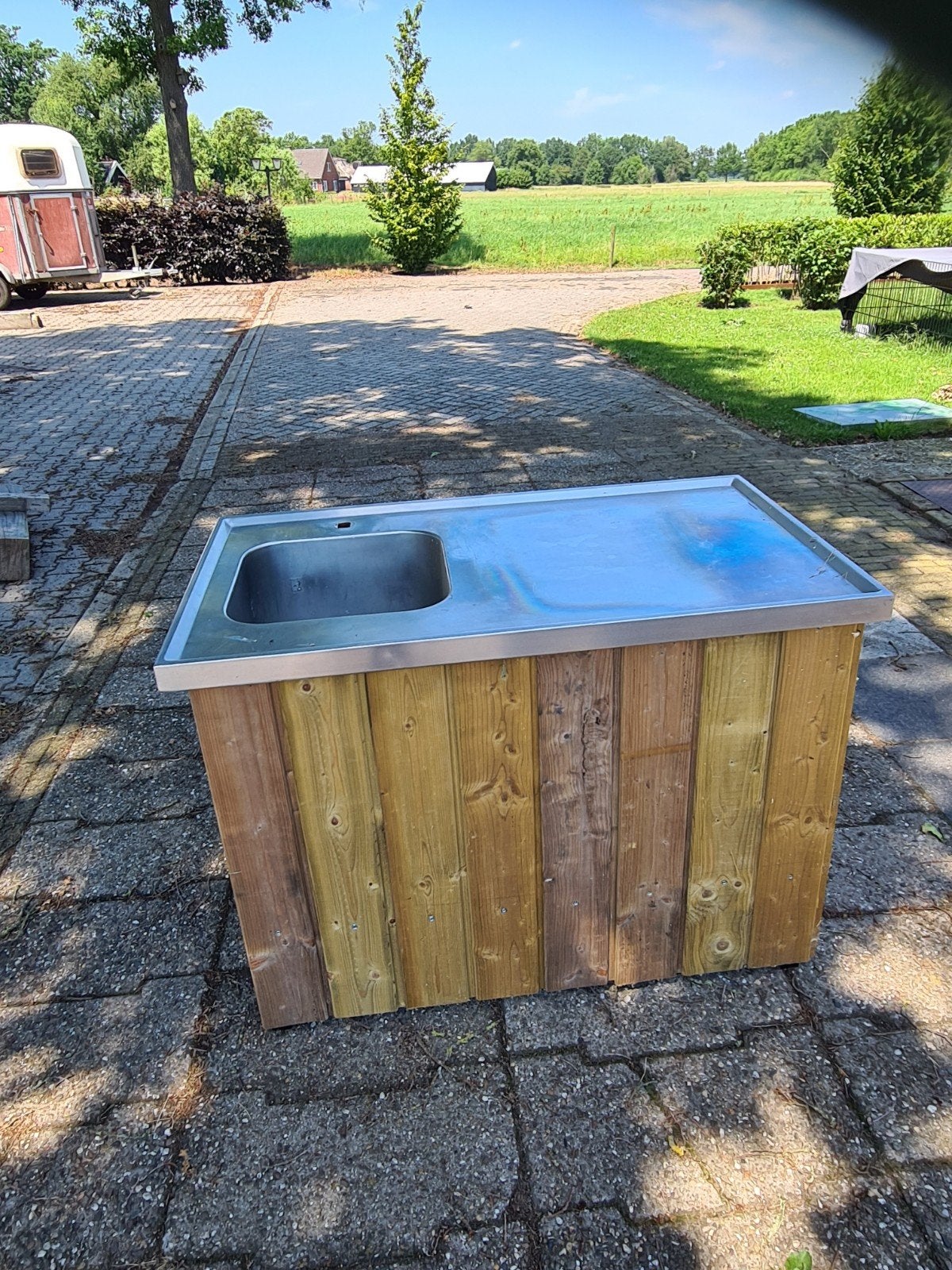 RVS Werkbank / Buitenkeuken met spoelbak (120x70x88), Ophalen