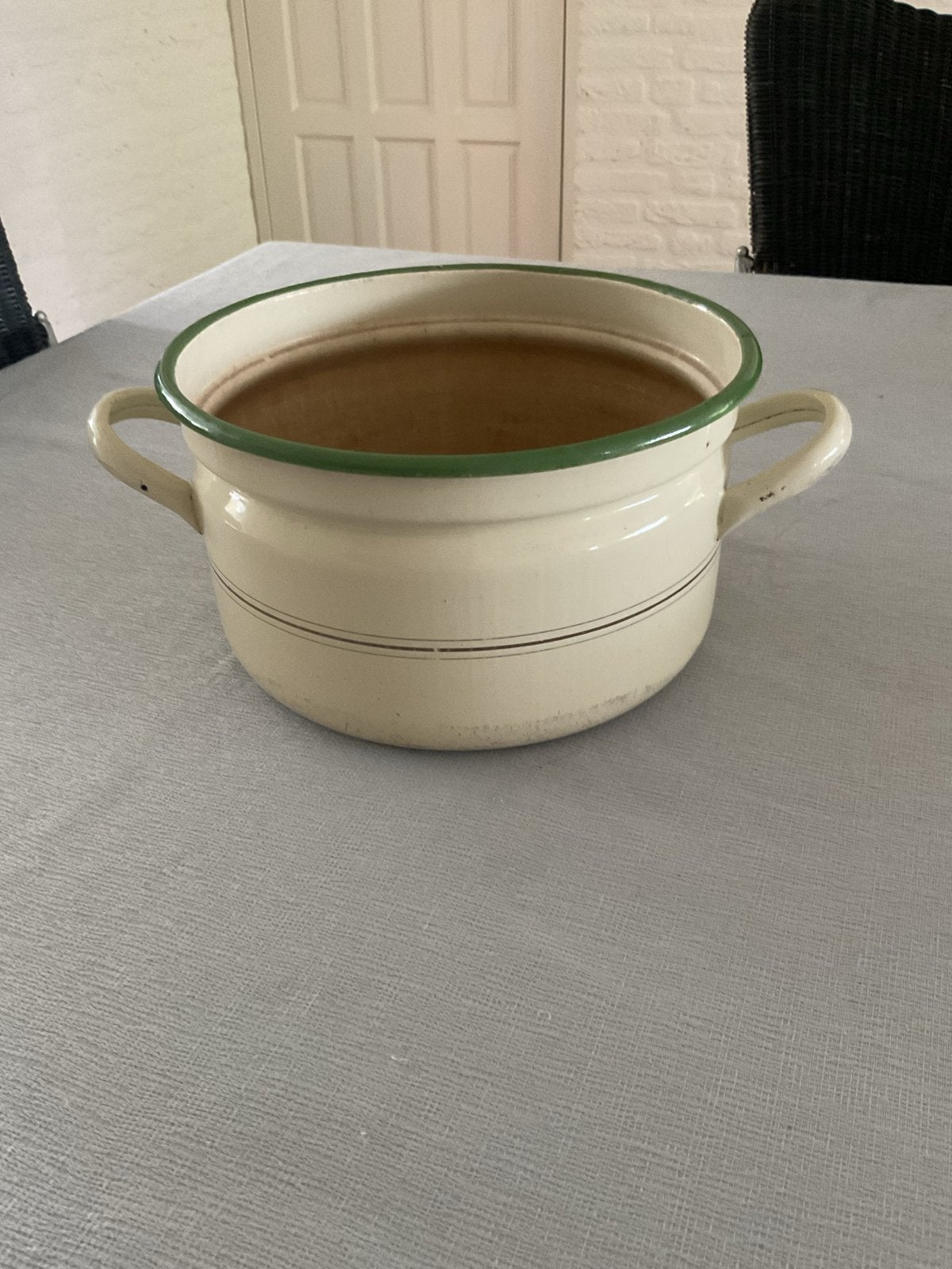 Vintage emaille pan met deksel - Crème met groene rand, Antiek en Kunst, Ophalen