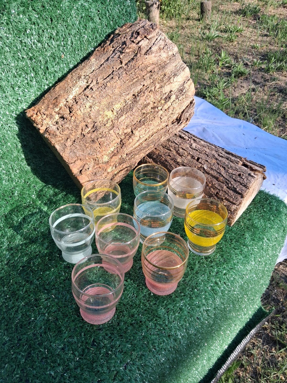 Set van 8 Vintage Borrelglaasjes met Gekleurde Rand, Ophalen of Verzenden