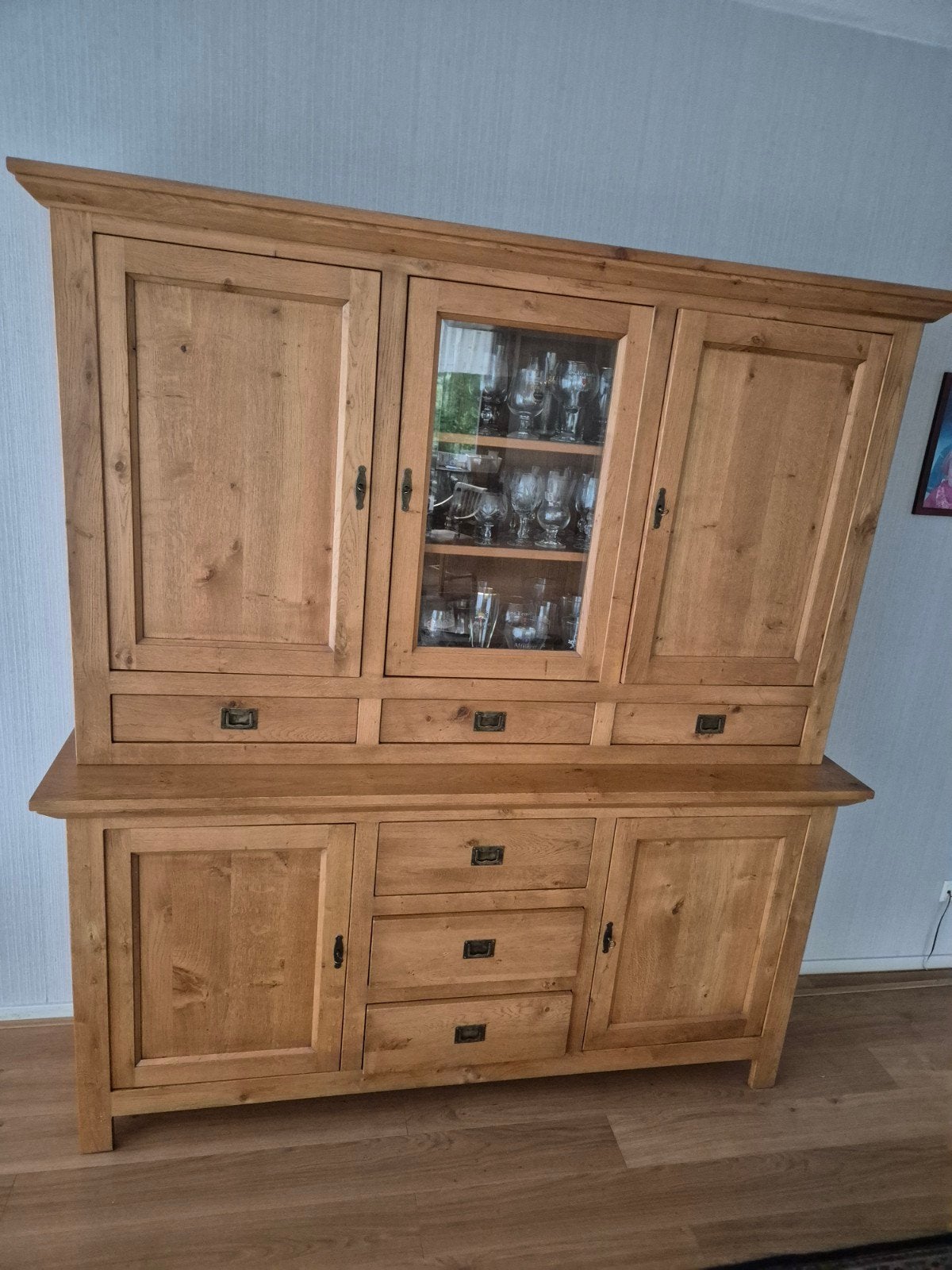 Massief eiken servieskast met vitrine - in zeer goede staat!, Ophalen, Met deur(en), 150 tot 200 cm, Eikenhout