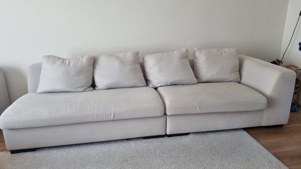 Ruime beige linnen (blend)bank Interiors DMF 2,70m breed, Ophalen, 250 tot 300 cm, Gebruikt, 75 tot 100 cm