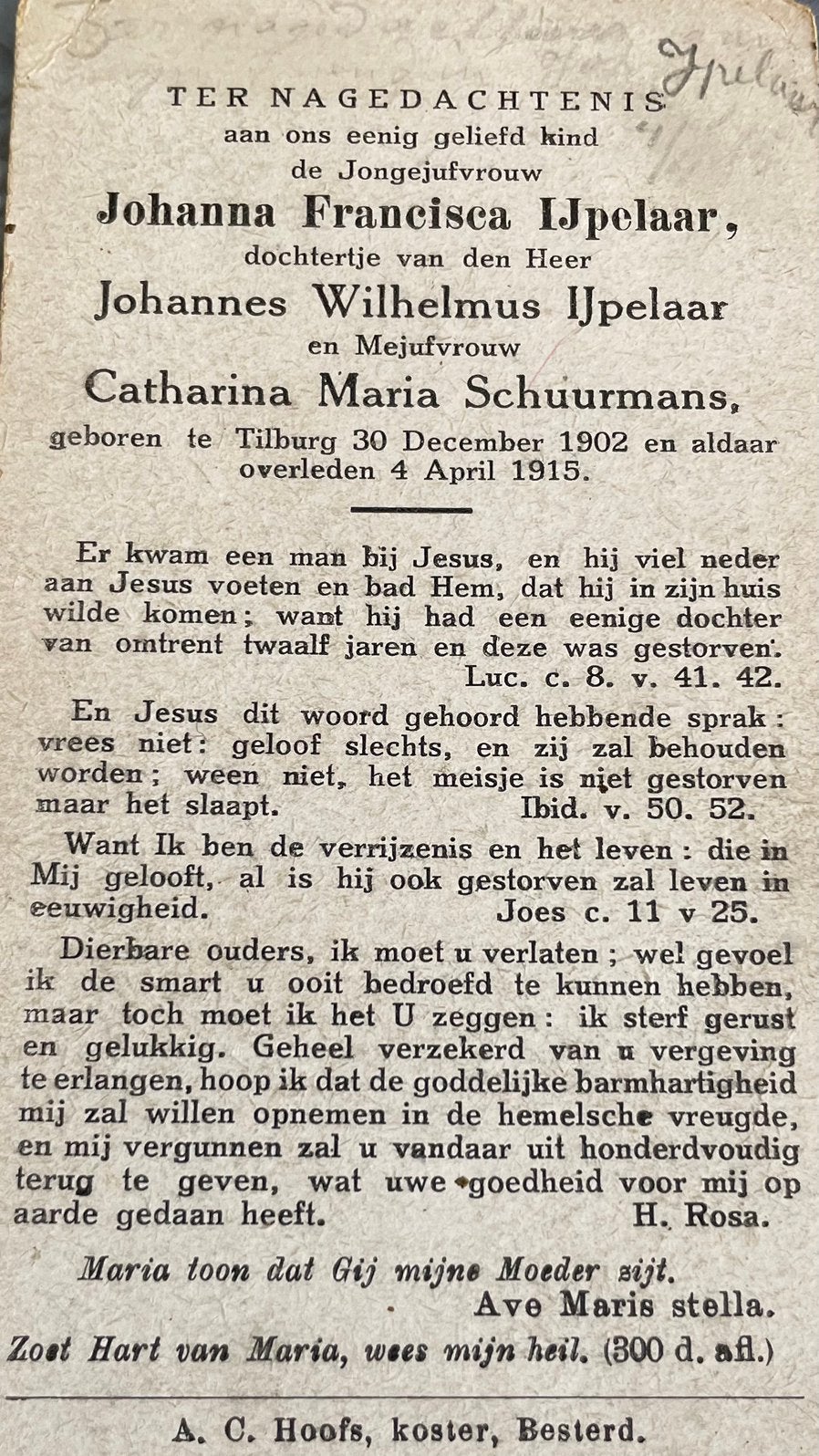 Johanna Francisca Ijpelaar Tilburg 1902, Ophalen of Verzenden