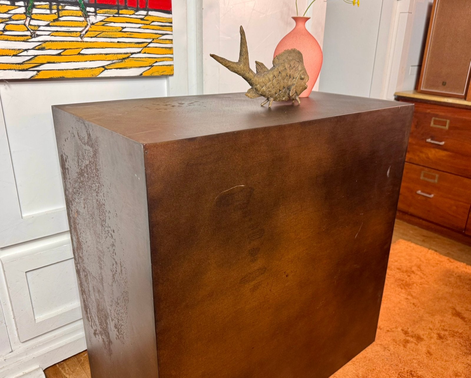 Stalen brutalistisch salontafel | sokkel patina 90 x 90 x 50, 50 – 75, 50 tot 100 cm, Vierkant, \