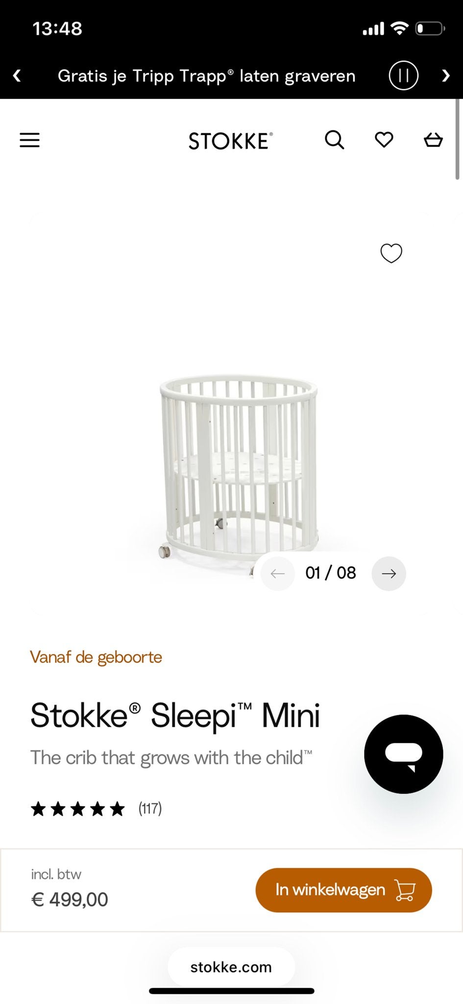 Stokke Sleepi Mini Ledikant - Zo goed als nieuw, Kinderen en Baby's, Kinderkamer | Bedden, Ophalen, Zo goed als nieuw, Minder dan 140 cm