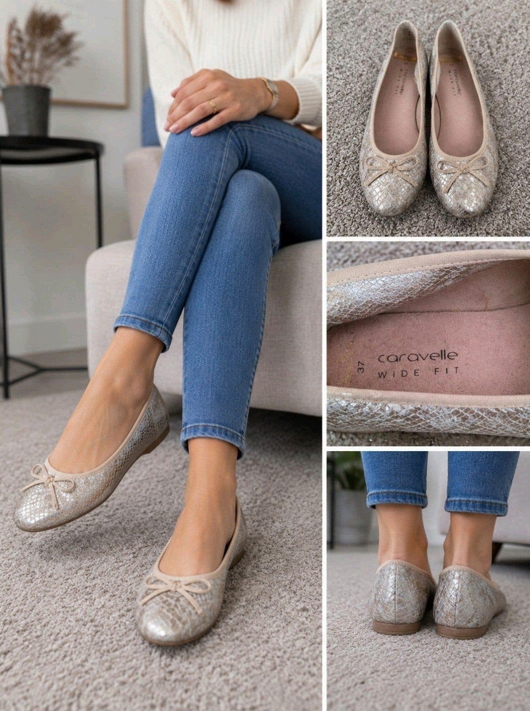 Caravelle Wide Fit Ballerina's Zilver/Champagne Reptielprint, Overige kleuren, Caravelle, Gedragen, Ballerina's
