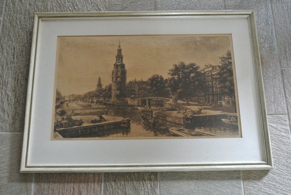Oude Schans met Montelbaanstoren Amsterdam C. Brandenburg, Ophalen, Ets, Stadsgezicht, 65 cm