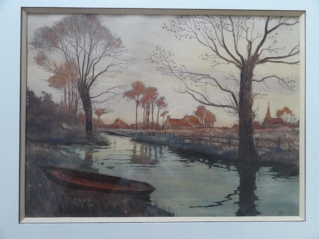Landschap met riviertje, bomen, kerk, roeiboot, gesigneerd, Antiek en Kunst, Kunst | Schilderijen | Klassiek, Verzenden