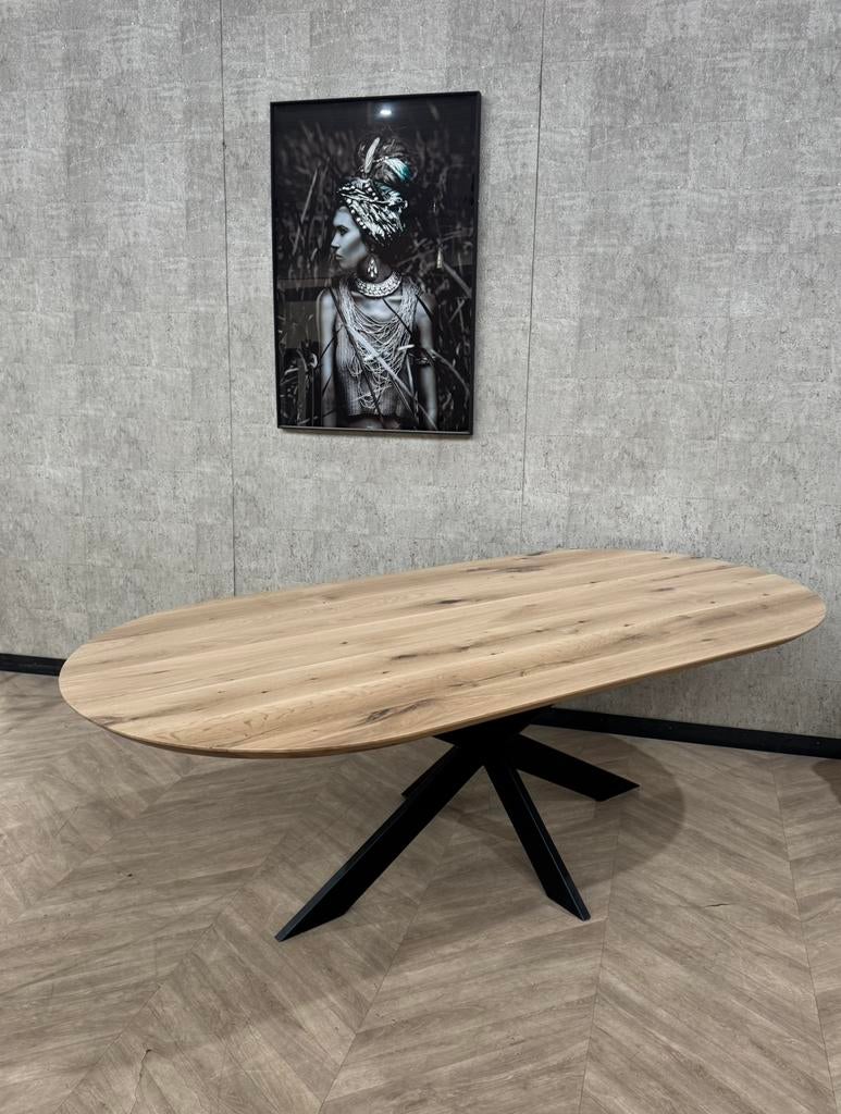 Eiken eettafel rond ovaal 220x110 matte lak *nieuw, Firma Hout en Staal, 100 tot 150 cm, Eikenhout, Ophalen of Verzenden