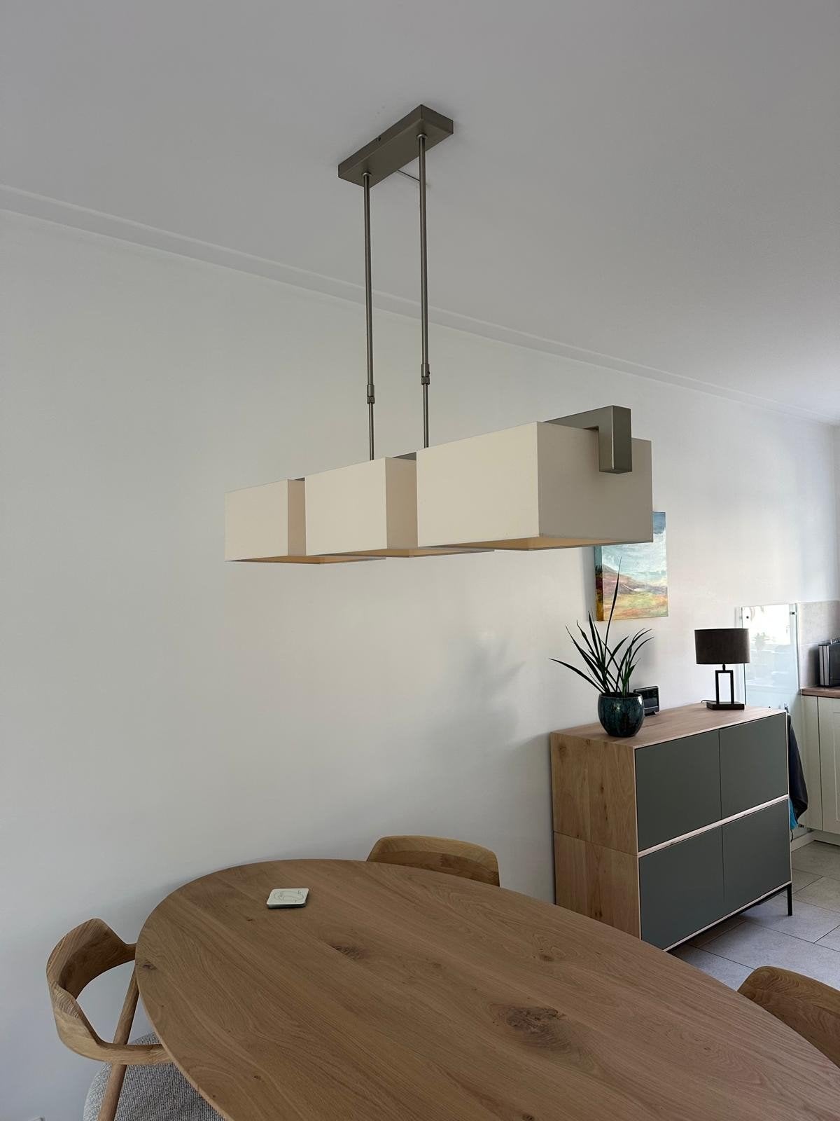 Moderne hanglamp met stoffen kappen, Ophalen, Zo goed als nieuw, Metaal, Modern