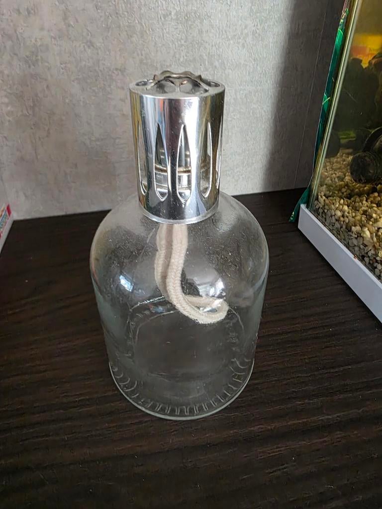 Glazen olielamp met lont en metalen dop, Huis en Inrichting, Gebruikt, Overige kleuren, Ophalen of Verzenden, Glas