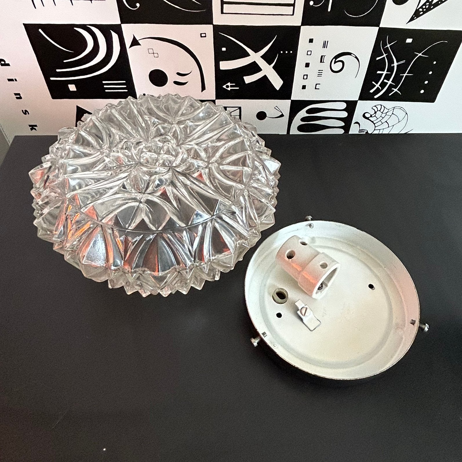Vintage IJsglas Plafonnière, Mid-Century Glazen Lamp, Gebruikt, E14 (klein), Ophalen of Verzenden, Glas