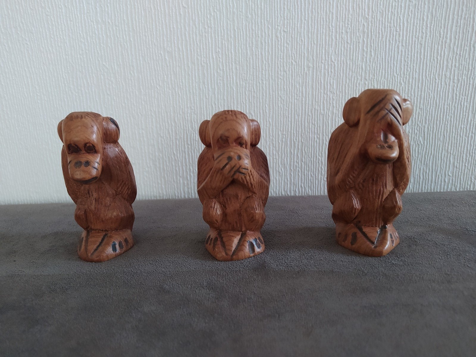 Vintage horen, zien en zwijgen aapjes, hout gesneden, Antiek en Kunst, Ophalen of Verzenden