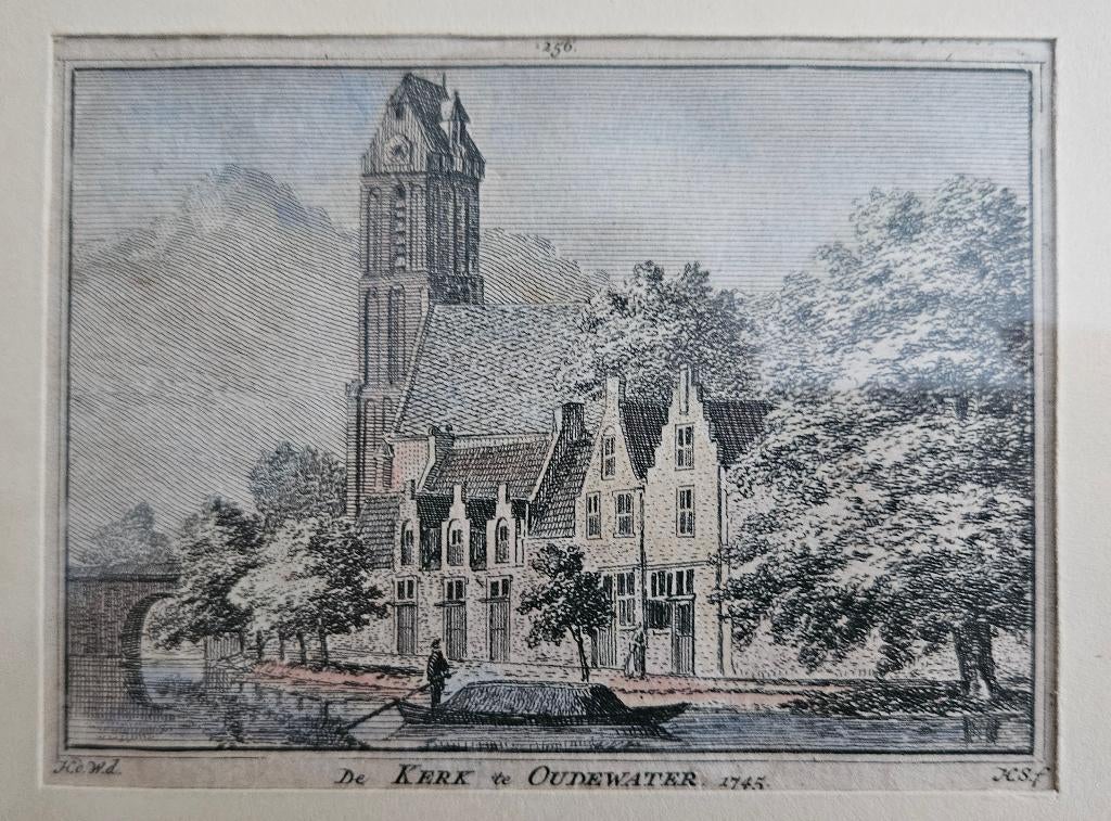Ingekleurde originele gravures van Oudewater, ingelijst 1969, Ophalen, Stadsgezicht, 19 cm, 21 cm