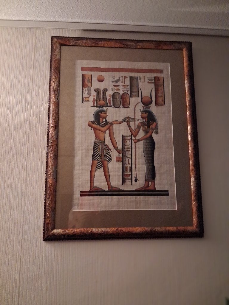 2 ingelijste Egyptische papyrus kunstwerken, Ophalen, Zo goed als nieuw, Schilderij, 75 – 100
