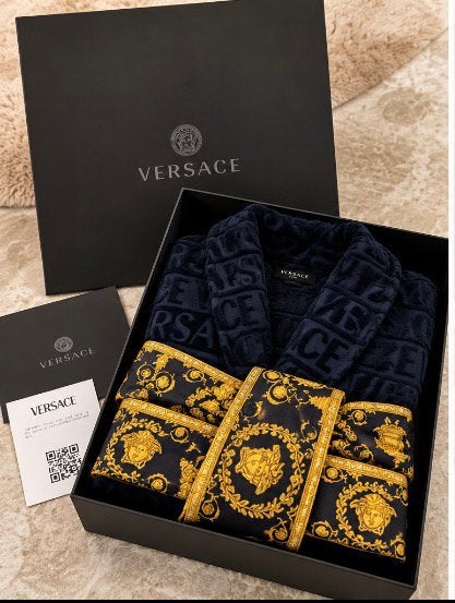 Versace Home Badjas Donkerblauw/Goud  Maat L Originele Doos, Ophalen, Zo goed als nieuw, Maat 52/54 (L)
