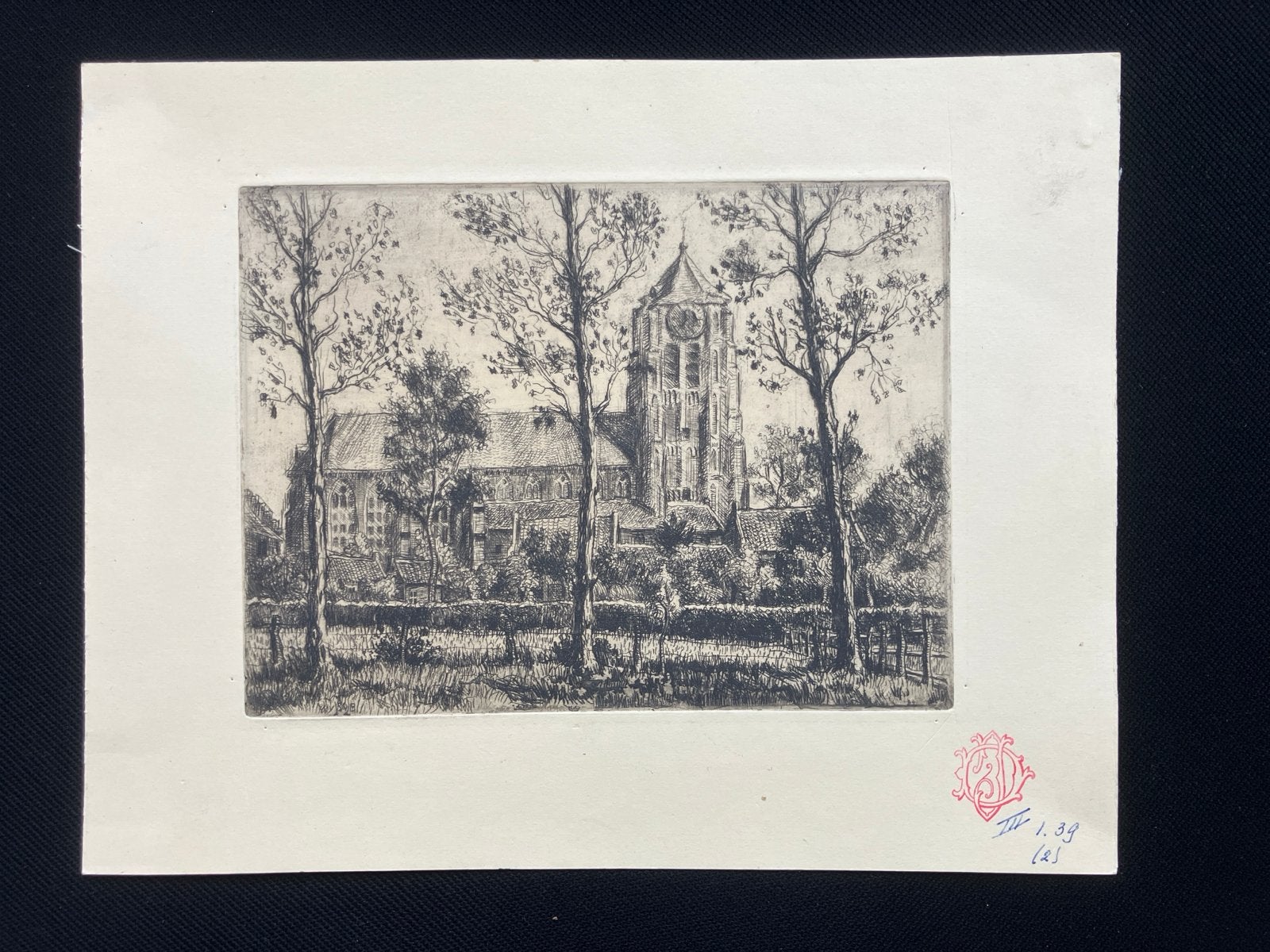 Oude ets van een dorpskerk, B16 x H12 cm, Antiek en Kunst, Kunst | Etsen en Gravures, Ets, Architectuur, Ophalen of Verzenden
