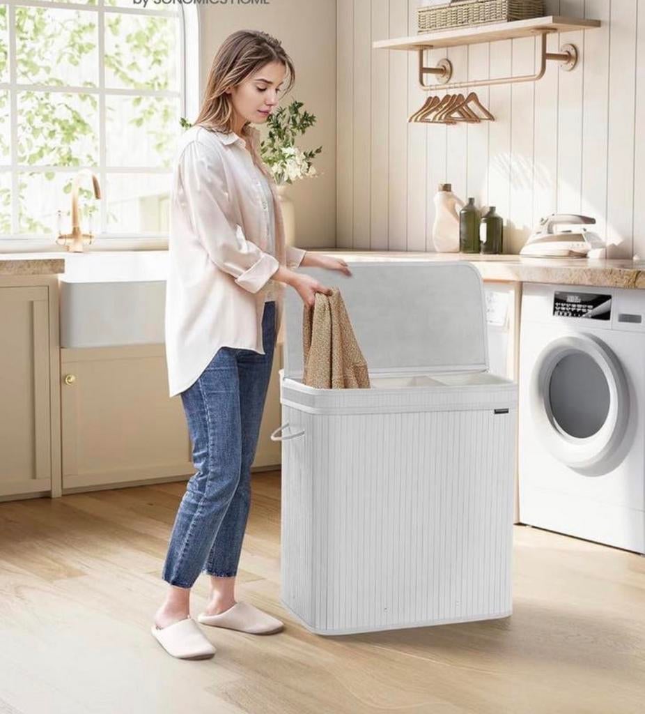 Wasmand met 3 vakken - 150L - Wit NIEUW, Huis en Inrichting, Woonaccessoires | Overige, Nieuw, Hout, Wit, Modern, Ophalen of Verzenden