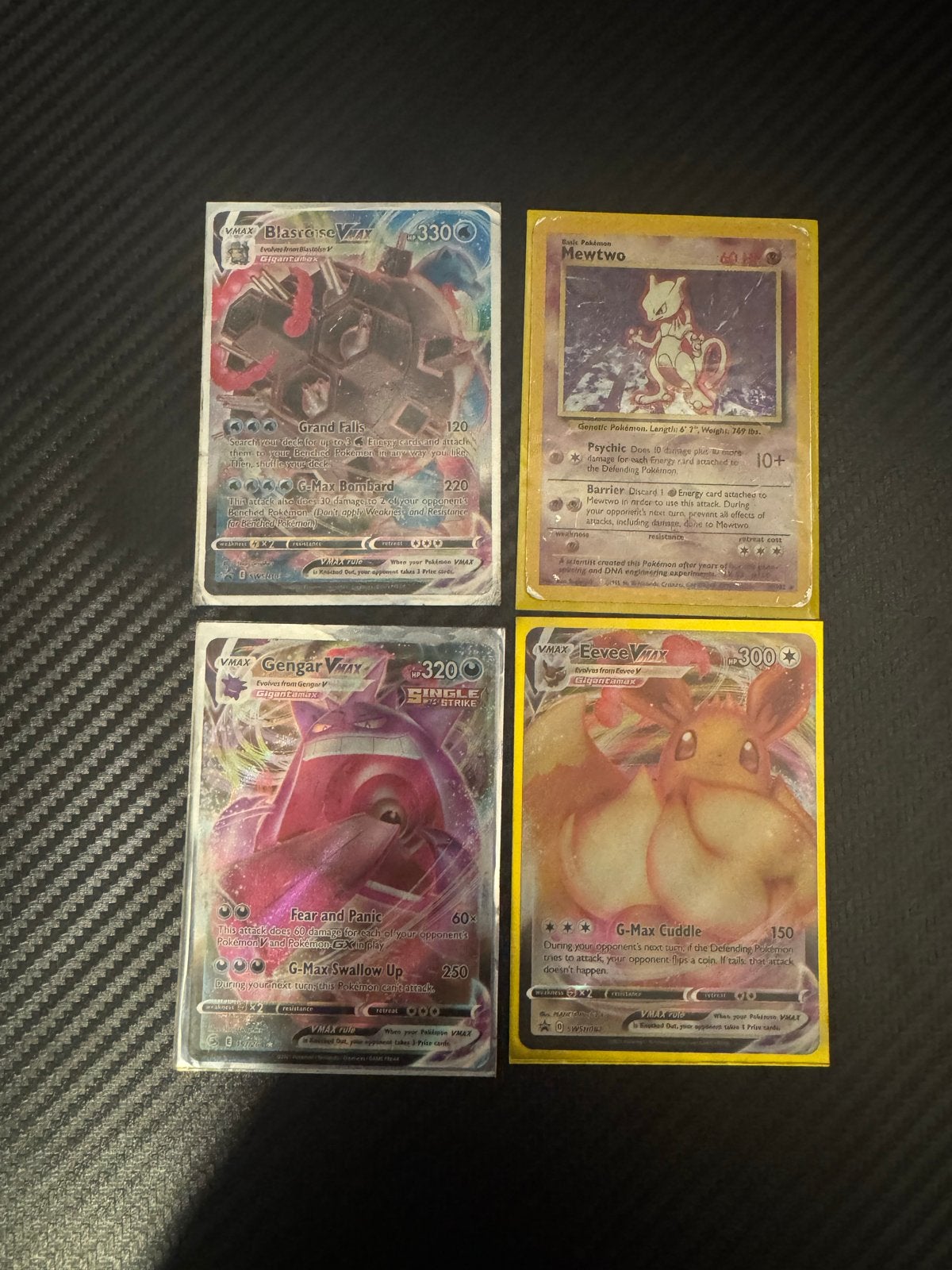 Pokémon Kaarten: Blastoise, Gengar, Eevee VMAX & Mewtwo, Ophalen of Verzenden, Gebruikt, Meerdere kaarten