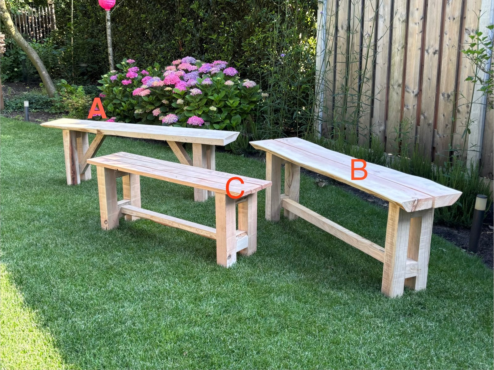 Tuinbankjes / tuinbank massief eiken / douglas / zitbankjes, Tuin en Terras, Picknicktafels, Ophalen, Zo goed als nieuw, Rechthoekig