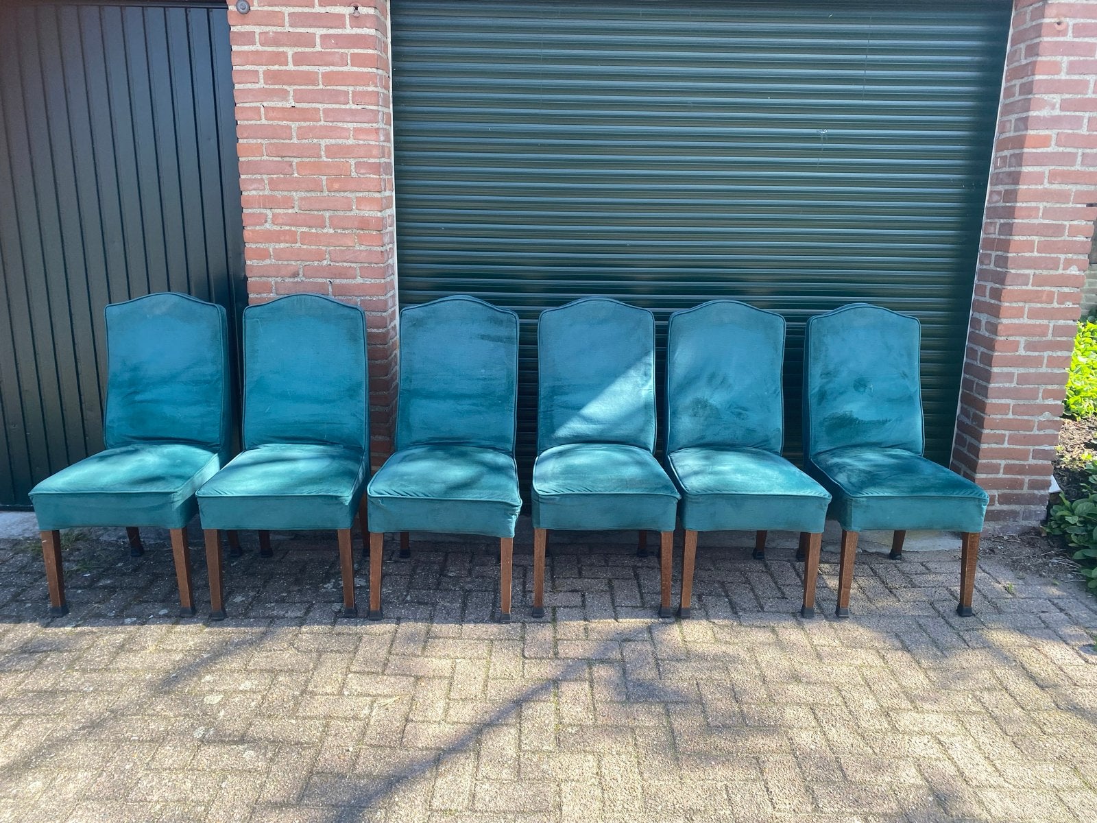 Set van 6 vintage eetkamerstoelen in groene fluweel, Antiek en Kunst, Ophalen
