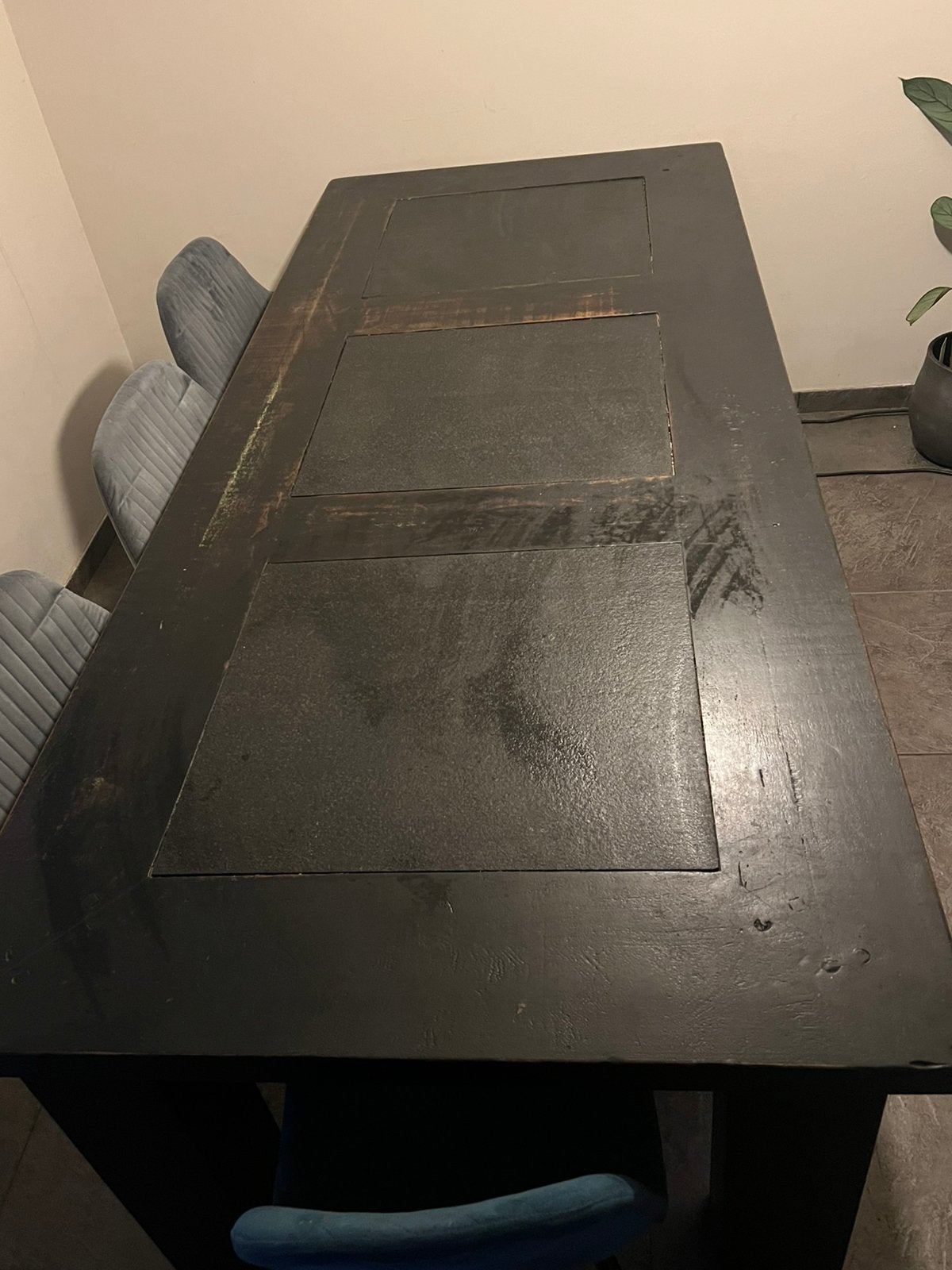 Massief eiken eettafel met leisteen inzet stukken, Ophalen, Gebruikt, 100 tot 150 cm, Eikenhout
