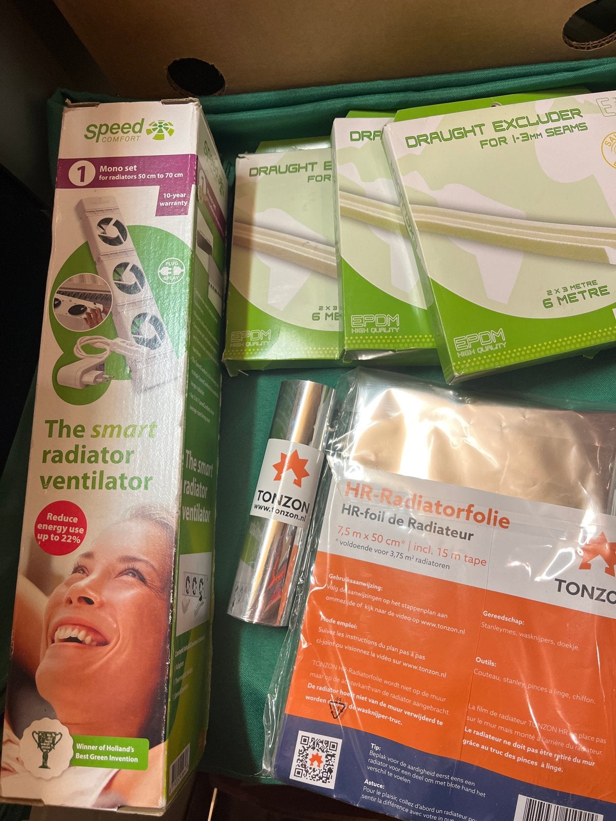 Energiebesparende set: radiatorventilator, folie en tochtstr, Ophalen of Verzenden, Nieuw