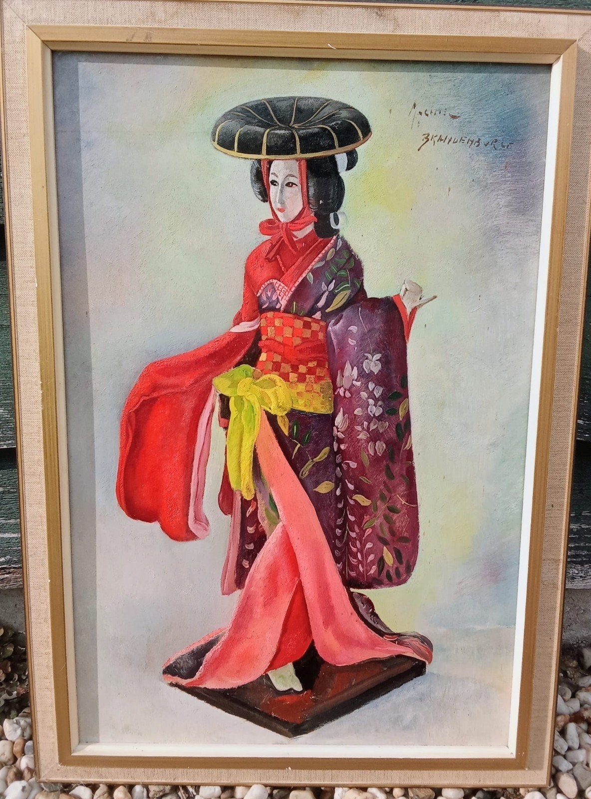 Olieverf schilderij Japanse Geisha in Kimono, Doek, Portret of Personen, Realistisch, Ophalen of Verzenden
