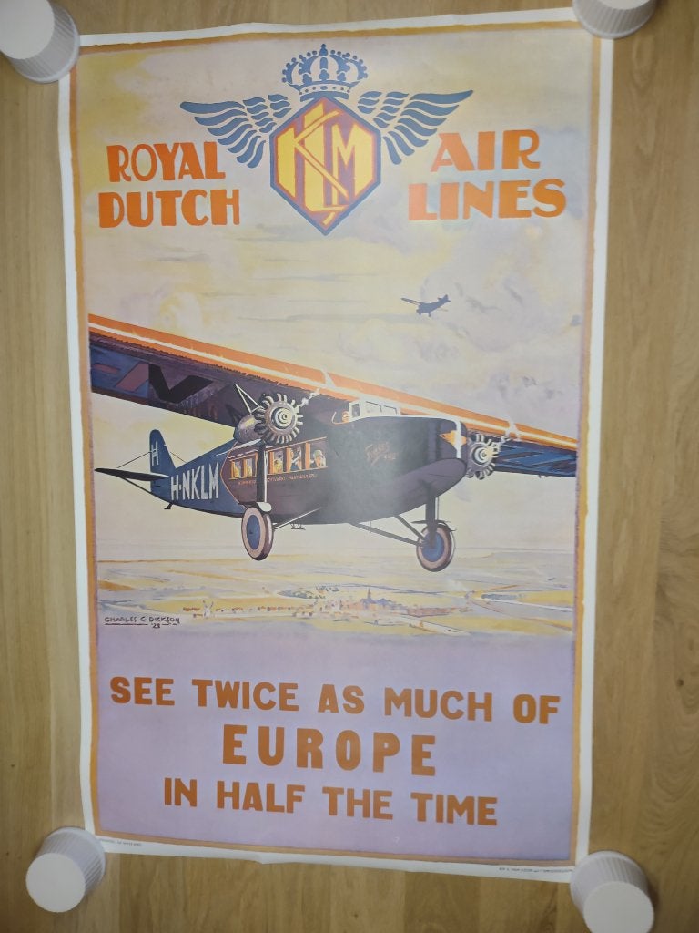 poster royal dutch airlines 101 x 64 cm, heruitgave 1969, Ophalen of Verzenden, Gebruikt, A1 t/m A3, Overige onderwerpen
