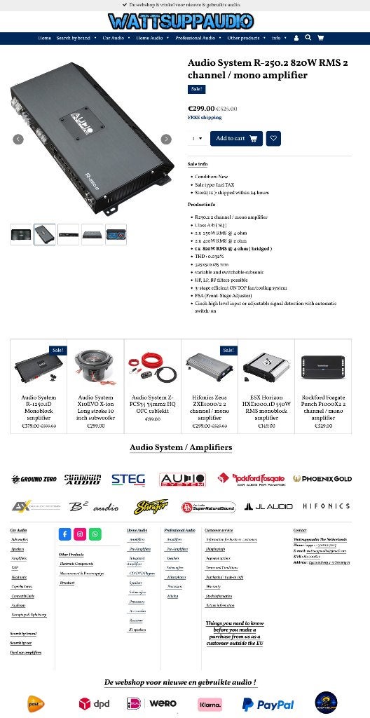 Audio System R-250.2 820W RMS 2 kanaals / mono versterker, Info@optimount.nl, Nieuw, Ophalen of Verzenden, Anholtseweg 48A 7091 HB DINXPERLO