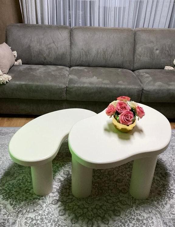 Set van 2 Crème Witte Niertafel Salontafels, Ophalen, Kunststof, 50 tot 100 cm, Zo goed als nieuw