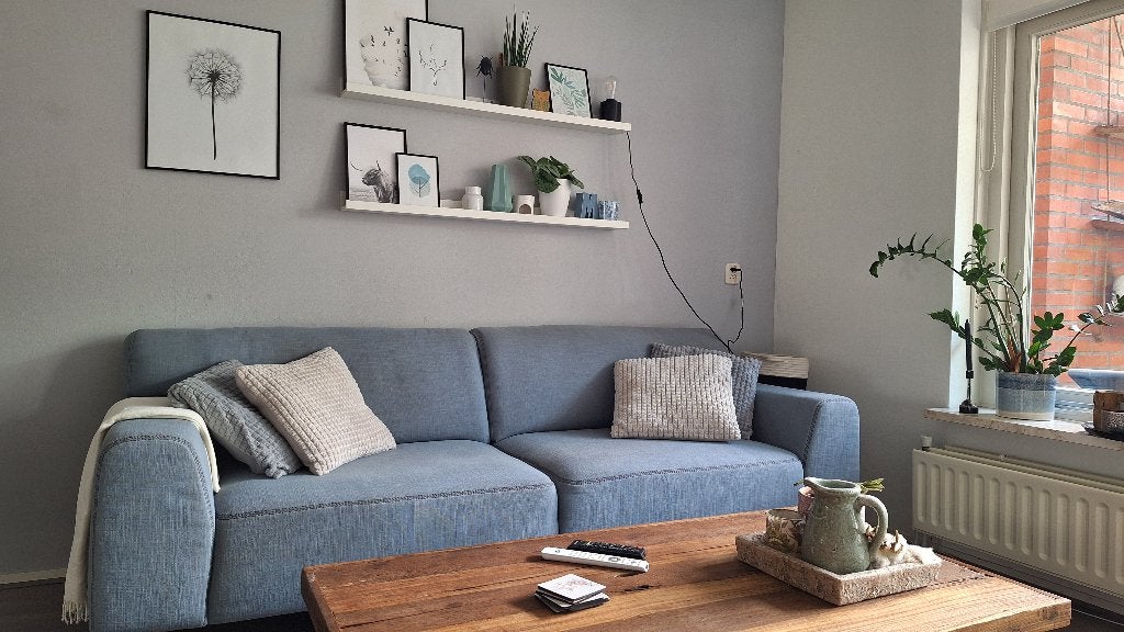 Bank licht blauwgrijs, Ophalen, Gebruikt, Driepersoons, 75 tot 100 cm
