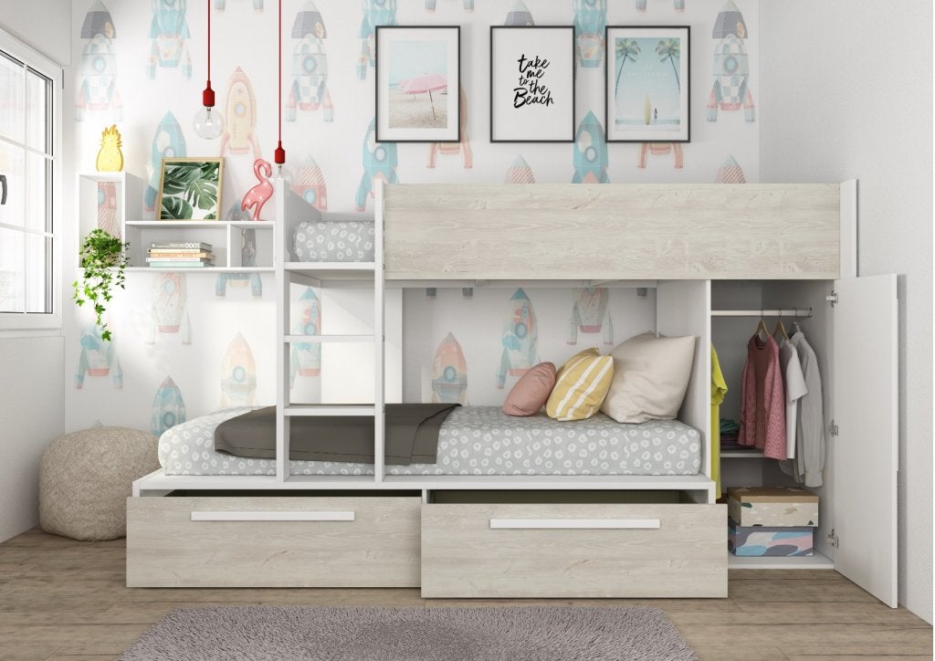 Jules stapelbed met kast en lades - 90x200 - Wit, Niet ingevuld, Niet ingevuld, Niet ingevuld