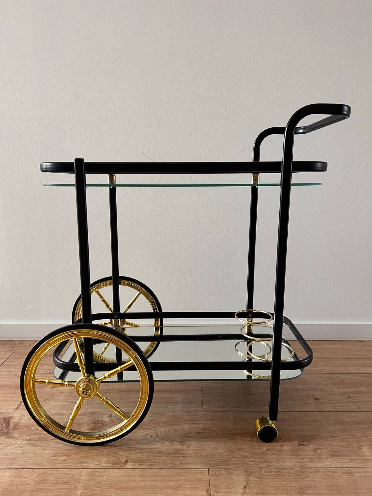 Vintage serveerwagen met gouden wielen en spiegel, Antiek en Kunst, Ophalen