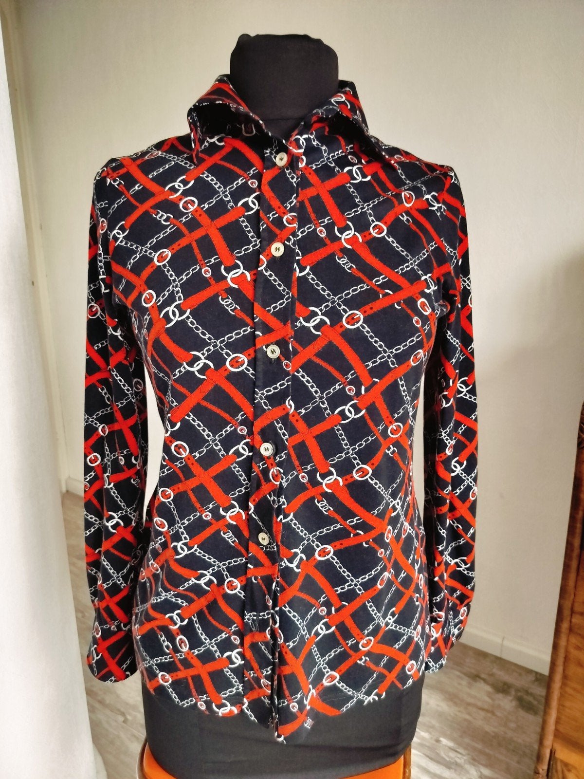 Vintage blouse met kettingprint, Ophalen of Verzenden, Zo goed als nieuw, Rood
