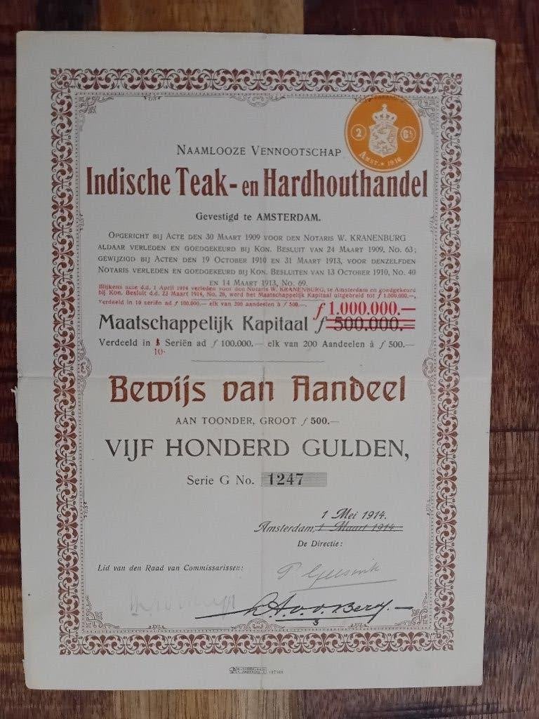 Aandeel Indische Teak- en Hardhouthandel - 1914, Postzegels en Munten, Aandelen en Waardepapieren, Ophalen of Verzenden, Voor 1920