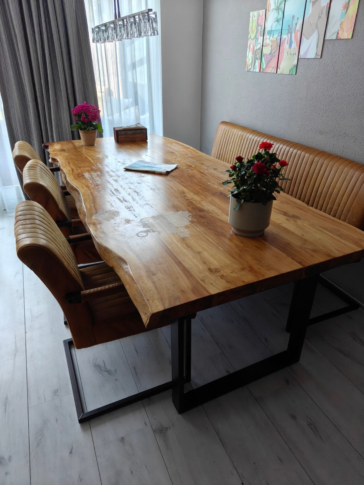 Ruime, robuuste houten eettafel met stoelen en eetbank, Ophalen, Gebruikt, 100 tot 150 cm, 200 cm of meer