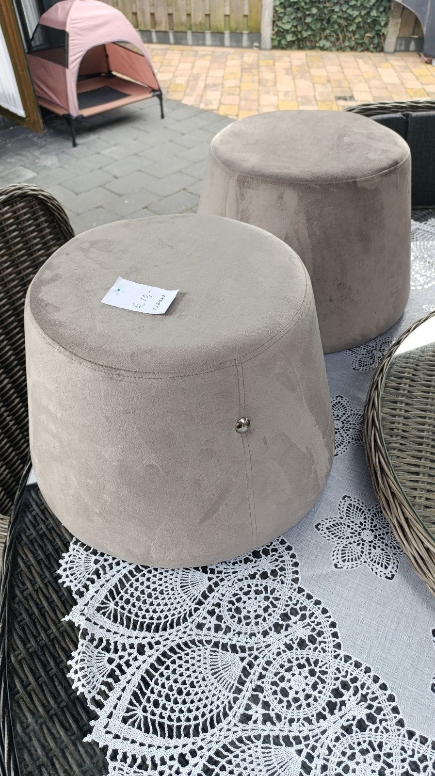 Set van 2 ronde poefs - grijs/beige - 30x45 cm, Ophalen, Minder dan 50 cm, Rond, Nieuw