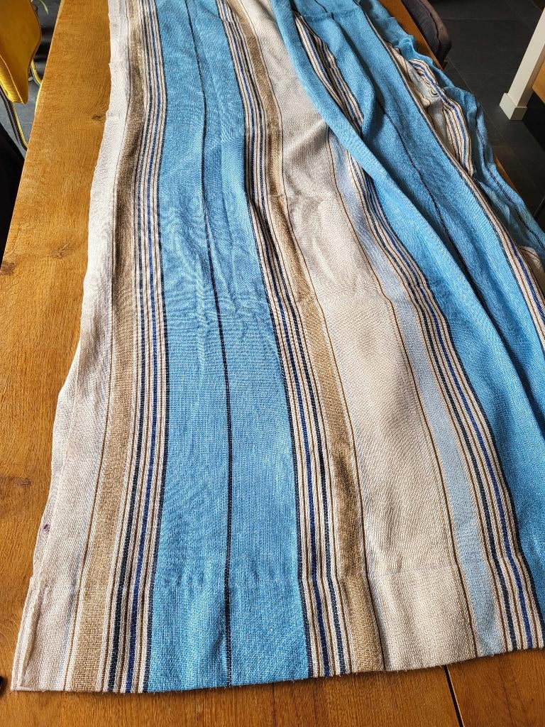 LINNEN Gordijnen 3x - Blauw Beige streep, Huis en Inrichting, Gebruikt, Bruin, 200 cm of meer, Ophalen of Verzenden