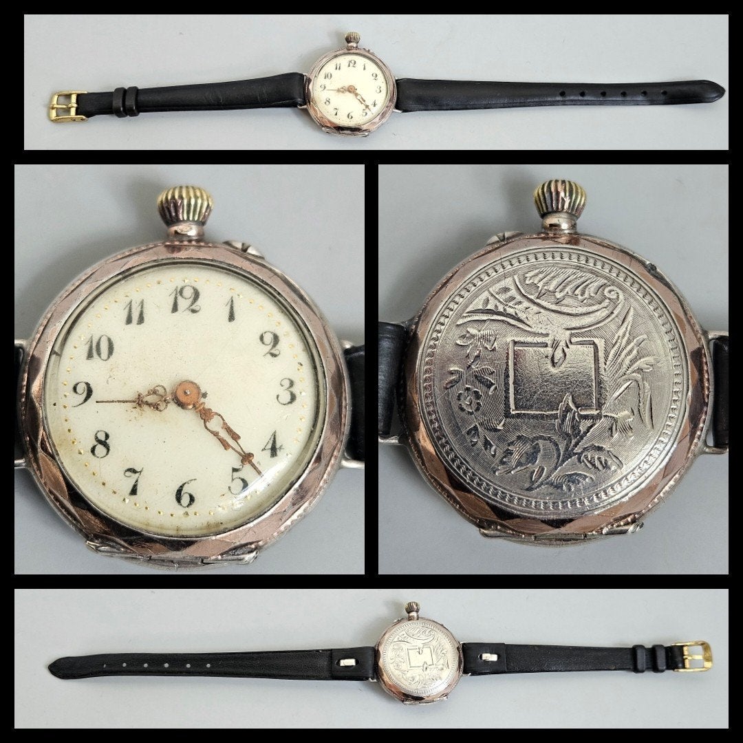 Antiek zilver,  deels verguld dames polshorloge., Antiek en Kunst, Ophalen of Verzenden