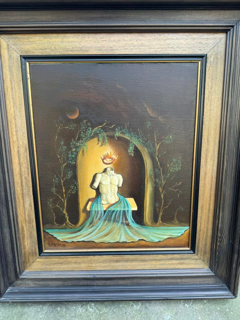Mooi vintage surrealistisch gesigneerd schilderij op linnen, Antiek en Kunst, Kunst | Schilderijen | Abstract, Ophalen of Verzenden