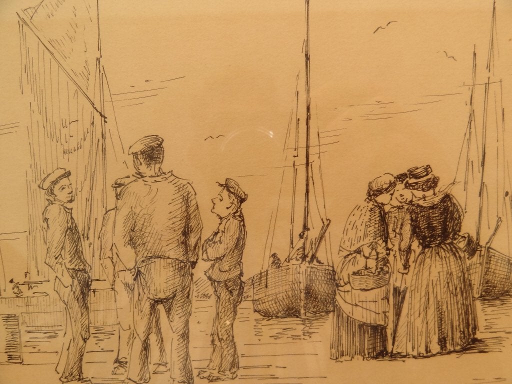 pentekening mannen en vrouwen boten Bretagne F. Verrimst, Antiek en Kunst, Ophalen of Verzenden, Tekening, Pentekening, Achter glas