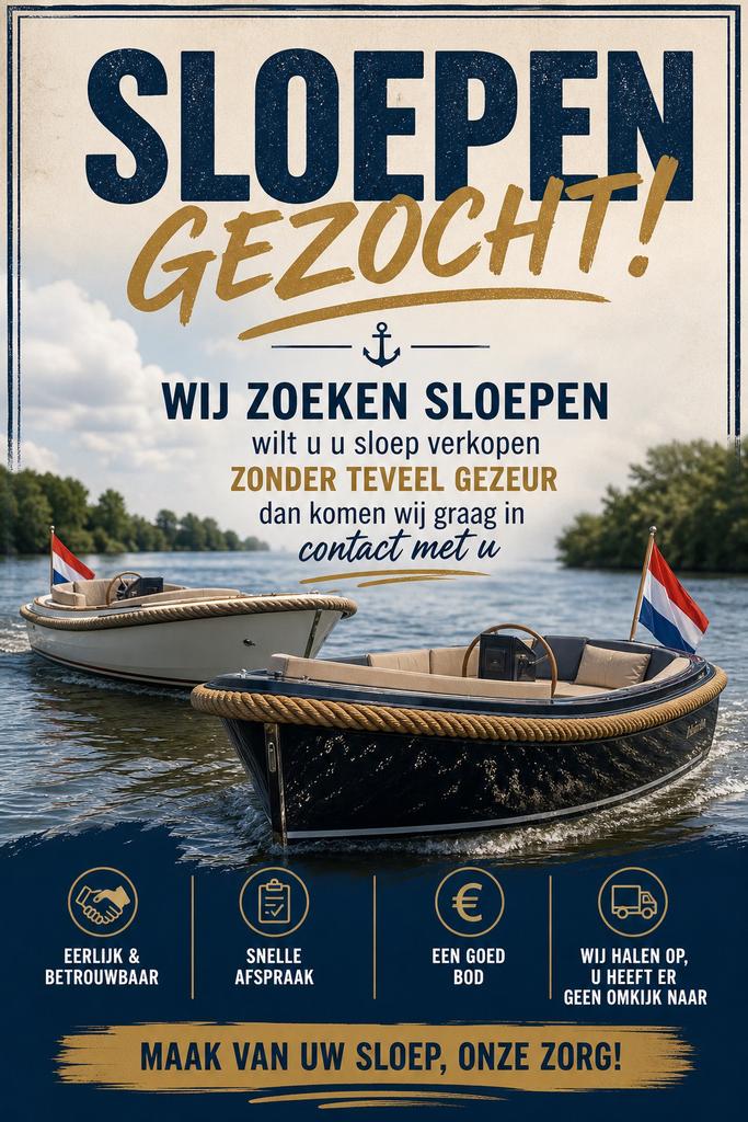 Wij zoeken sloepen, Watersport en Boten, Sloepen, Ophalen, 10 tot 30 pk, Binnenboordmotor, 6 meter of meer