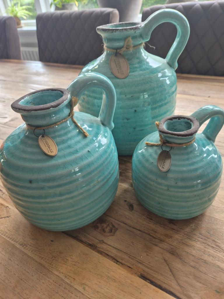 Riverdale Vazen Set - 3 Turquoise Keramische Kruiken, Ophalen