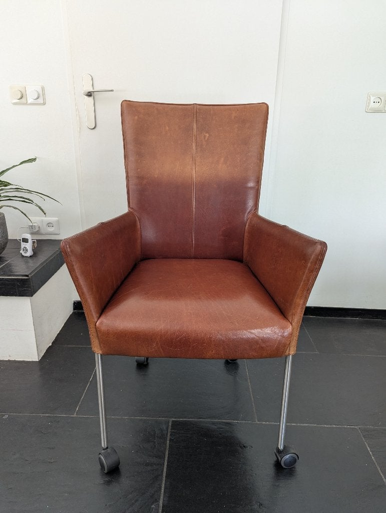 Set van 6 Luxe Leren Eetkamerstoelen – Cognac / Warm Bruin, Ophalen, Gebruikt, Bruin, Vijf, Zes of meer stoelen